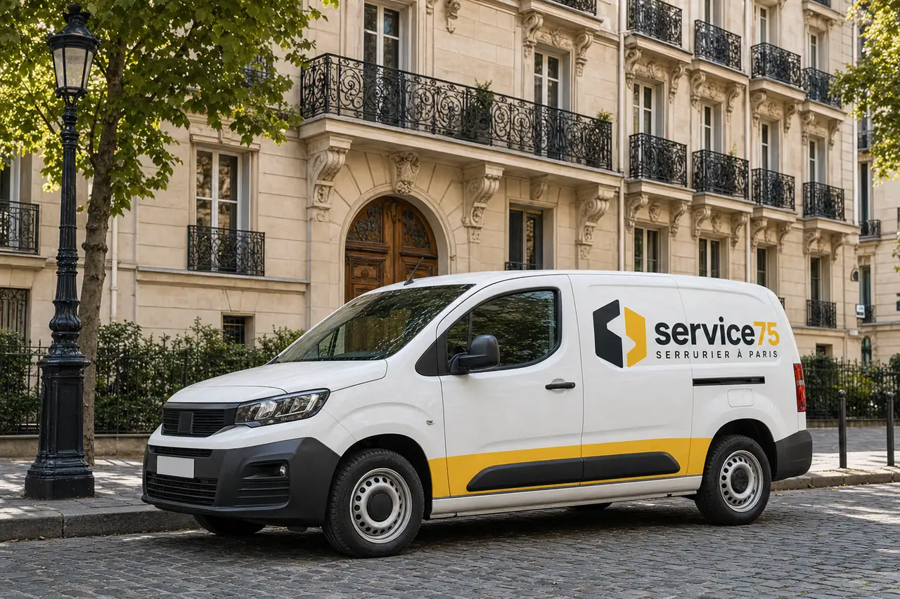 Camionnette service75, serrurier à Paris, garée devant un immeuble haussmannien